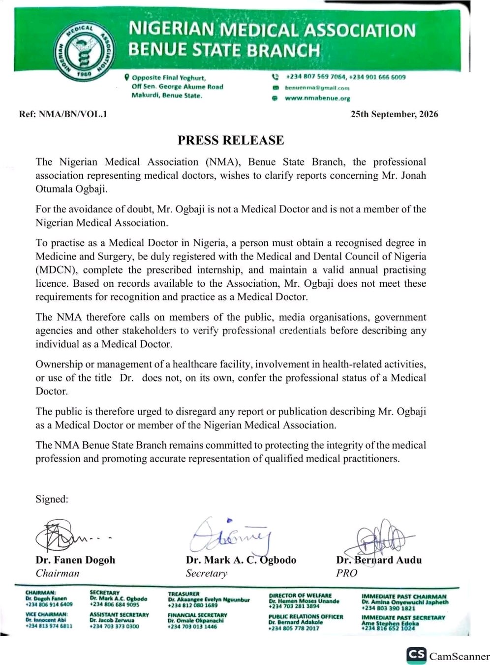 NMA Benue Clarifies Ogbaji’s Professional Status, Urges Verification of Medical Credentials